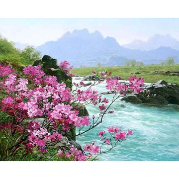 Pink Flowers on the Riverside Paint By Numbers Kit