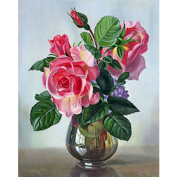 Blooming Pink Roses in Silver Vase Paint By Numbers Kit