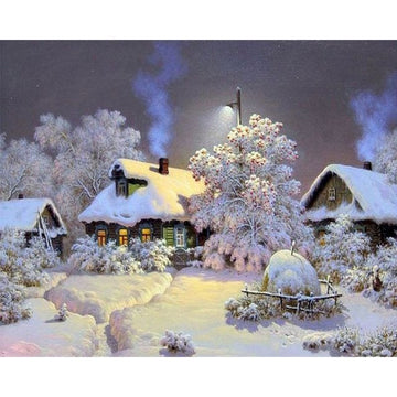 Night at the Snowfield Village Paint By Numbers Kit
