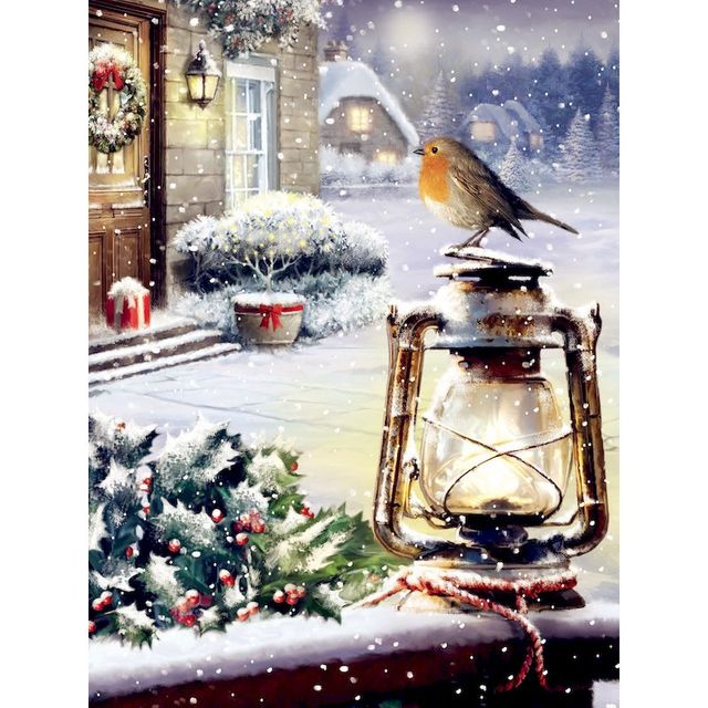 Snowy Night 'Stonechat and Old Lamp' Paint By Numbers Kit