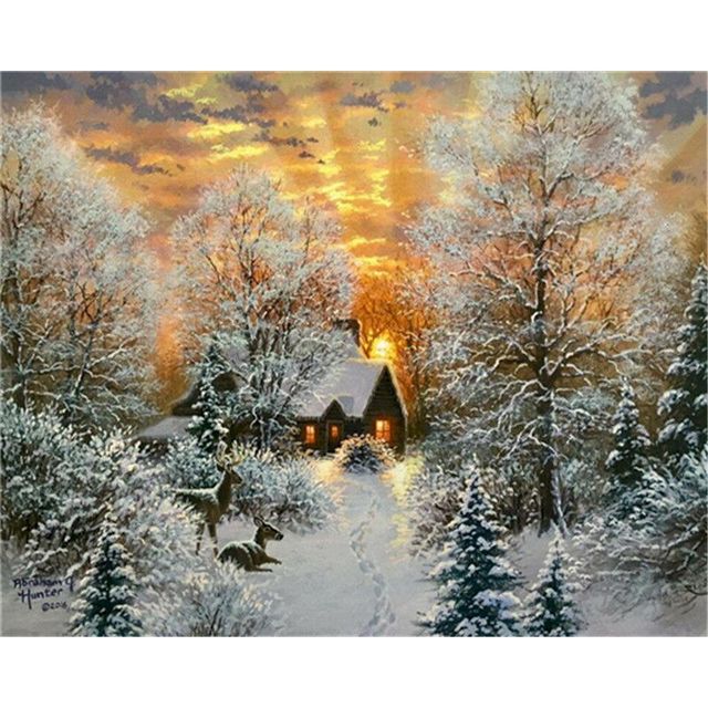 Snowy Forest Lodge 'Breaking Dawn' Paint By Numbers Kit