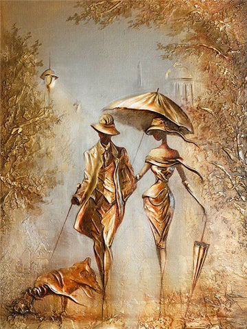 Gold Attired Couple sharing Umbrella while walking a Dog Paint By Numbers Kit