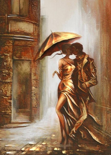 Gold Attire Couple Kissing while Sharing an Umbrella Paint By Numbers Kit