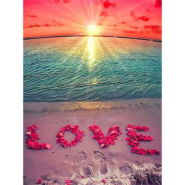 Footprint with 'LOVE' Lettering on Sand and Colorful Horizon Sunset Paint By Numbers Kit