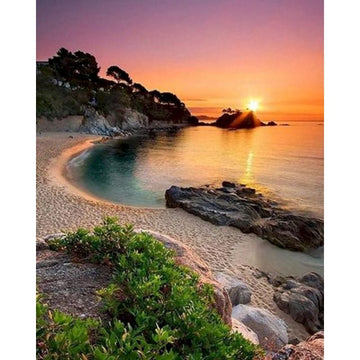 Grass and Rock Mountain on Beach Sunset Paint By Numbers Kit