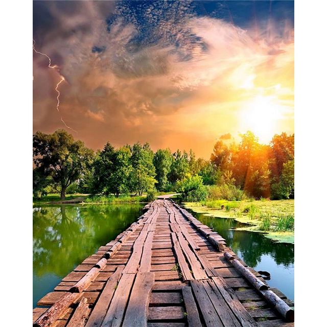 Wooden Bridge Across the River on a Gloomy Sunlight Paint By Numbers Kit