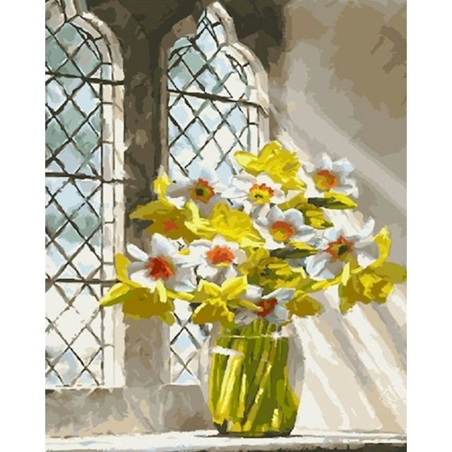 Beautiful White and Yellow Flowers in Clear Vase by the Window Paint By Numbers Kit