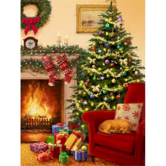 Christmas Holiday 'Brown Dog at the Fireplace' Paint By Numbers Kit