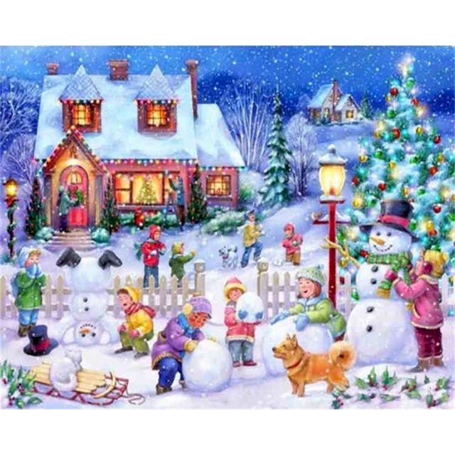 White Christmas Village 'Building Snowman' Paint By Numbers Kit