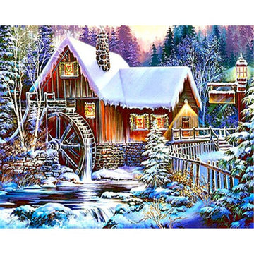 White Forest Log House 'Freezing Watermill' Paint By Numbers Kit