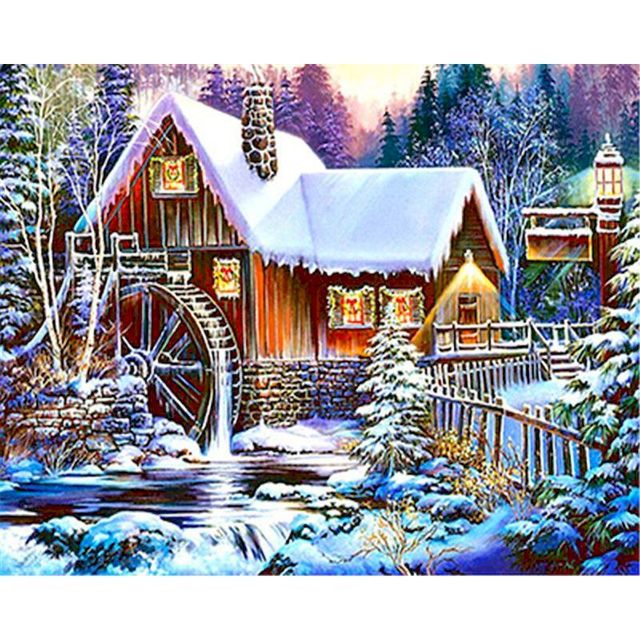 White Forest Log House 'Freezing Watermill' Paint By Numbers Kit