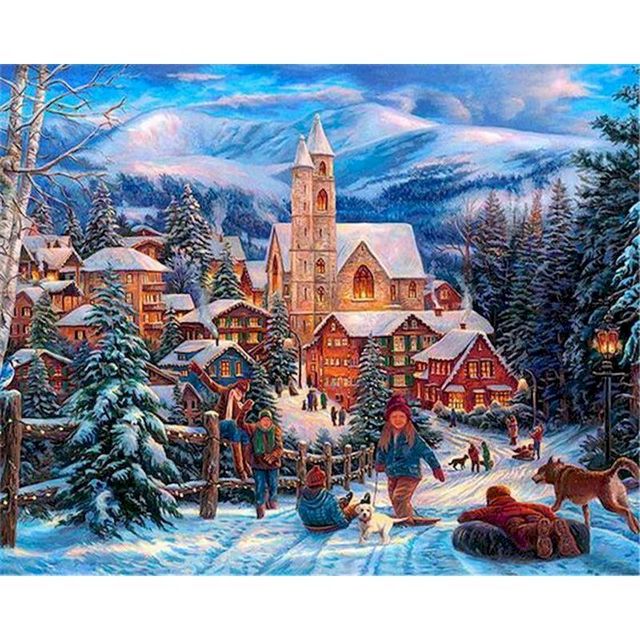 Snowy Mountain Village 'Playing Kids' Paint By Numbers Kit