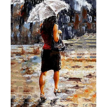 Lady in Red Dress Carrying an Umbrella Walking Away Paint By Numbers Kit