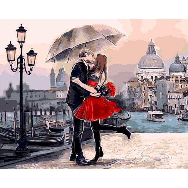 Couple Kissing in the Rain holding an Umbrella Paint By Numbers Kit