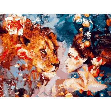 Lion Staring at the Beautiful Woman Paint by Numbers Kit