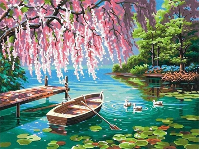Boat on a River Oil Painting Paint by Numbers Kit