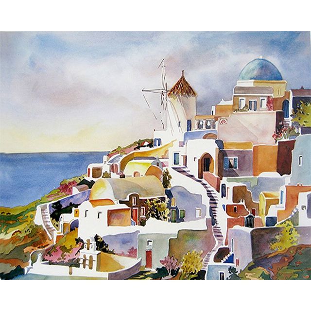 Hills of Santorini in Watercolor Paint by Numbers Kit