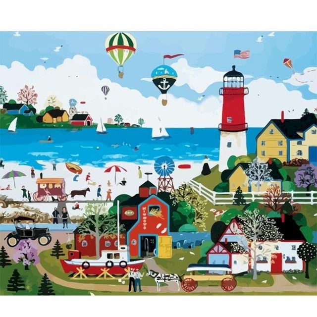 Balloons Over Maine Lighthouse in Watercolor Paint By Numbers Kit
