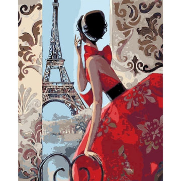 Glamorous Lady in Red Dress looking at Eifel Tower Paint By Numbers Kit