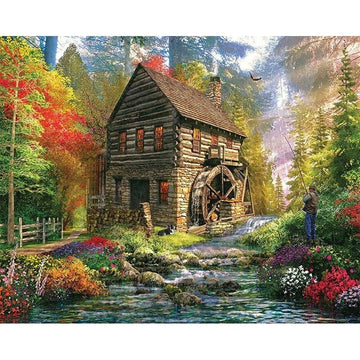 Forest Hidden Log House and Water Mill Paint By Numbers Kit