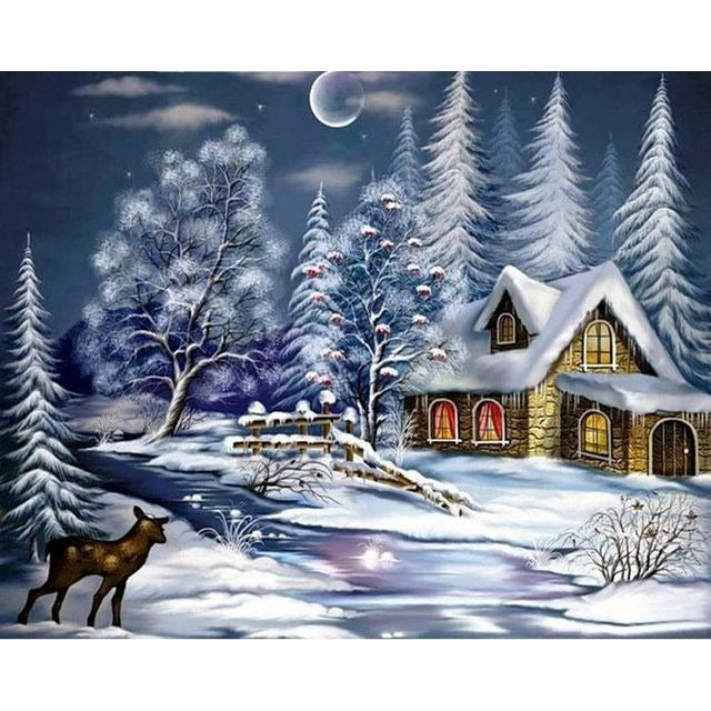 Snowy Forest 'Cabin Lake' Paint By Numbers Kit